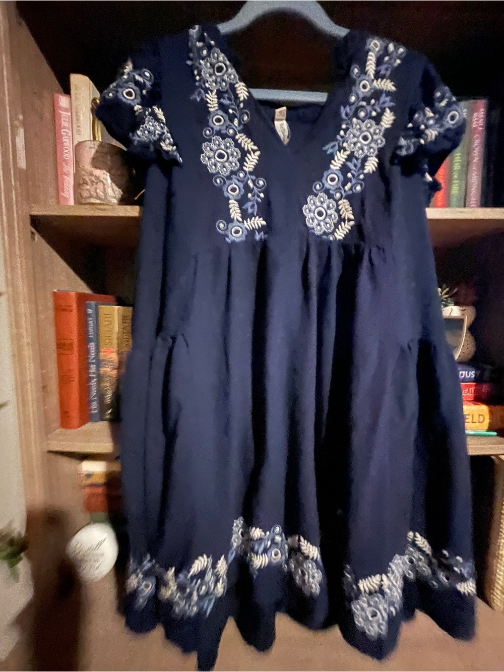 Women’s Navy Blue Embroidered Puff Sleeve Dress